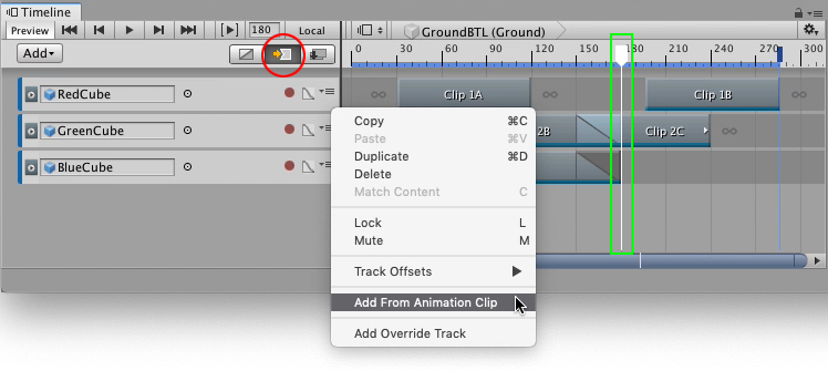 Ripple 모드(빨간색 원), 타임라인 재생 헤드(녹색 상자), 트랙 메뉴의 Add From Animation Clip을 사용하여 클립을 정확하게 삽입합니다