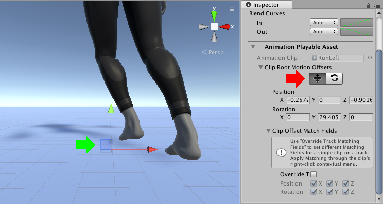 이동 툴(인스펙터 창, 빨간색 화살표)을 활성화하여 씬 뷰에 이동 기즈모(녹색 화살표)를 표시합니다
