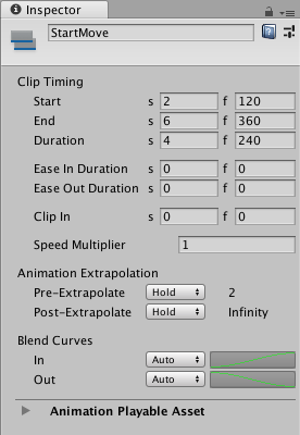 타임라인 창에서 애니메이션 클립을 선택한 경우의 인스펙터 창