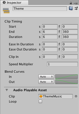 타임라인 창에서 오디오 클립을 선택한 경우의 인스펙터 창