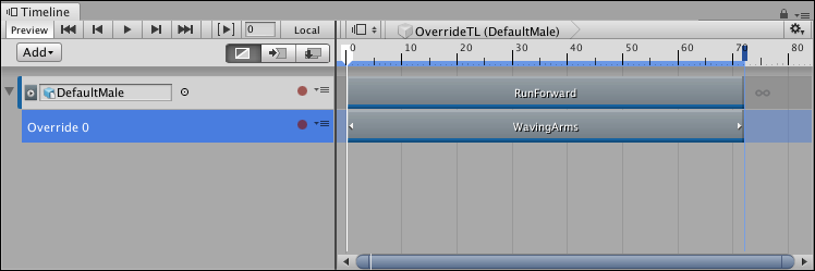아바타 마스크를 지정하려면 오버라이드 트랙을 선택하여 트랙의 프로퍼티를 인스펙터 창에 표시합니다