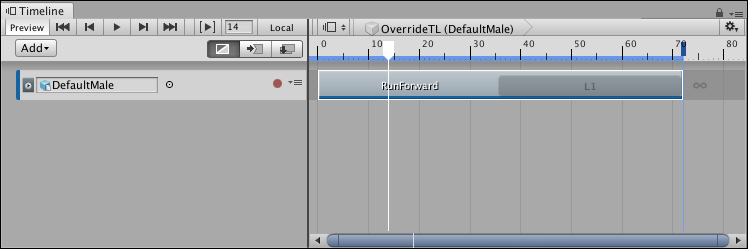 이 예시는 한 번 반복하는 단순한 달리기 주기 애니메이션(RunForward)에 바인딩된 휴머노이드를 사용합니다