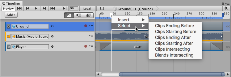 타임라인 재생 헤드를 마우스 오른쪽 버튼으로 클릭한 후 Select를 선택하여 자세한 클립 선택 옵션을 표시합니다