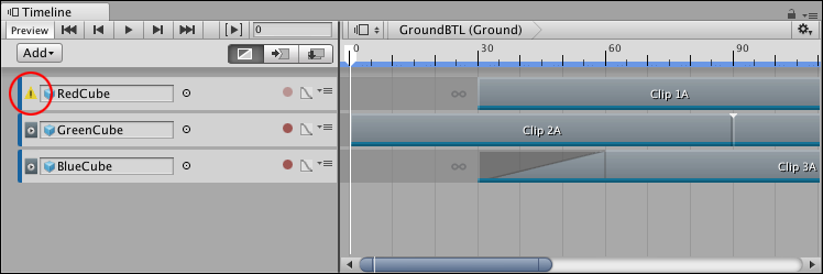 경고 아이콘은 타임라인 인스턴스 시작 시 RedCube에 바인딩된 게임 오브젝트가 비활성화되었음을 나타냅니다