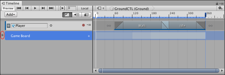 삼각형 아이콘(동그라미 안)이 Game Board Track 그룹의 트랙을 축소합니다. 고스트 트랙은 축소된 그룹의 트랙을 시각적으로 표시합니다.