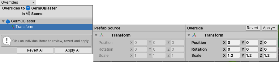 프리팹 인스턴스의 자식 게임 오브젝트에 대한 Transform 컴포넌트의 수정된 값을 보여주는 오버라이드 드롭다운의 비교 뷰