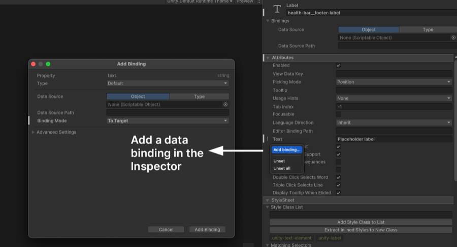 Add a binding from the Inspector.
