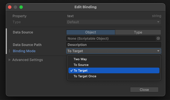 Binding modes in the UI Builder allows you to control the flow of data between data source and the UI.