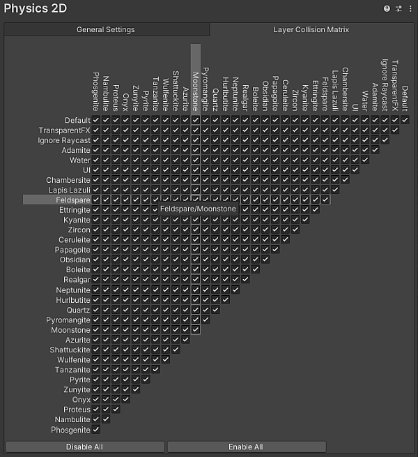 Layer Collision Matrix 탭