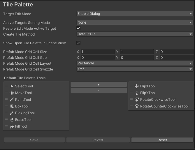 Tile Palette Preferences 창