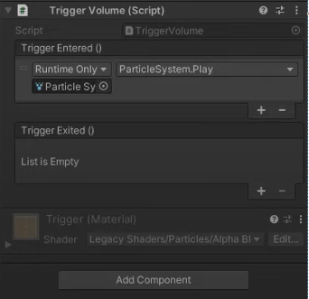 인스펙터 창에서 Trigger Entered 및 Trigger Exited라는 이벤트에 대한 콜백 설정