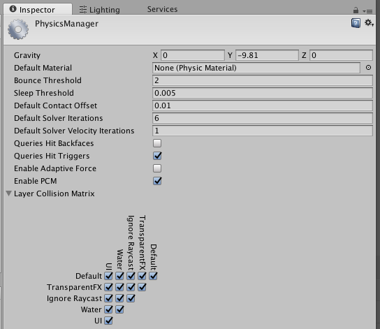 The PhysicsManager, shown in the Inspector window.