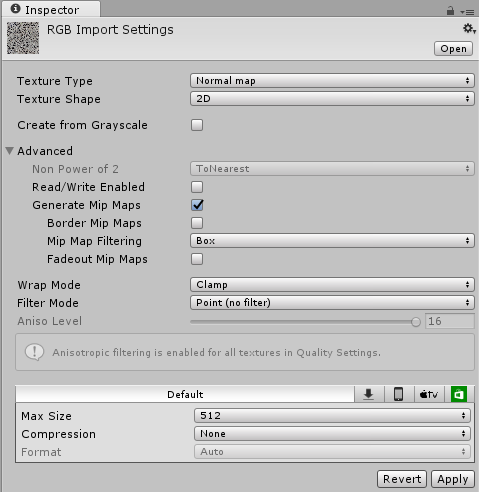 Texture Inspector window - Texture Type:Normal Map