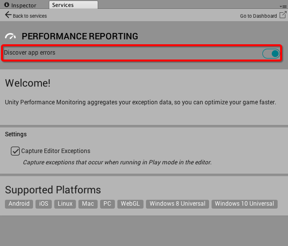 Toggle Discover app errors to turn on Performance Reporting