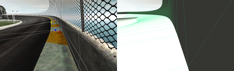 Visible geometry (left) is much more complex than collision geometry (right)