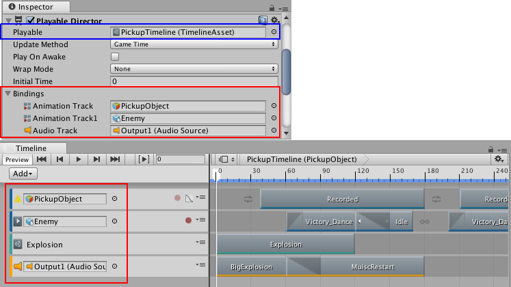 The Playable Director component shows the Timeline Asset (blue) with its bound GameObjects (red). The Timeline Editor window shows the same bindings (red) in the Track list.