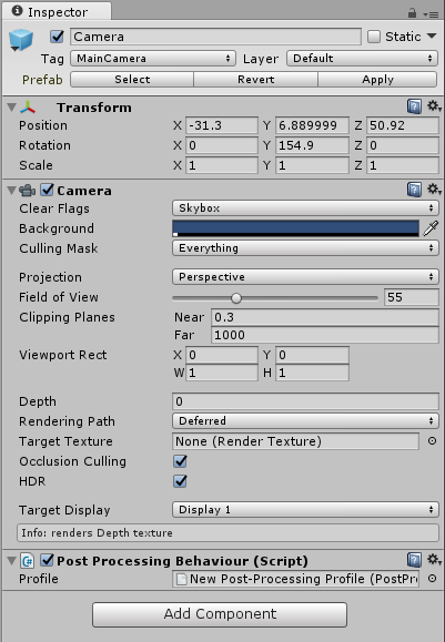 Post-processing profile assigned to the Behaviour script