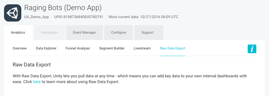 The Raw Data Export screen