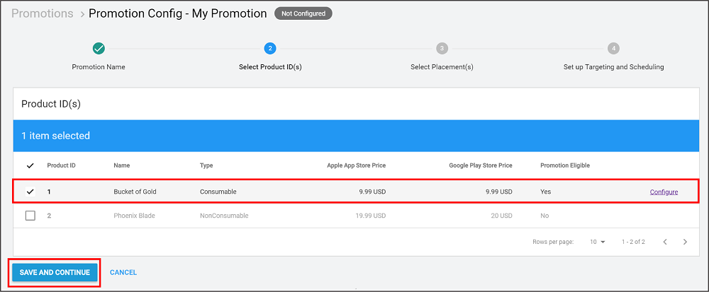 Selecting Products for inclusion in your Promotion on the Developer Dashboard