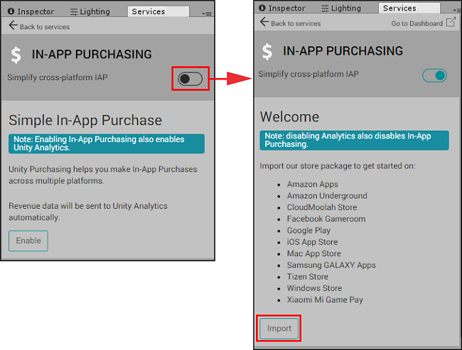 Enabling Unity IAP in the Editor’s Services window