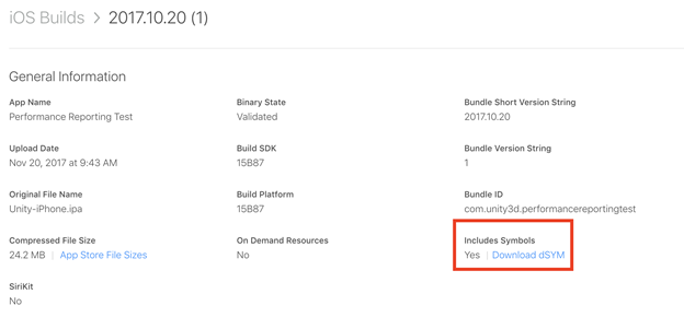 iOS Builds screen with Includes Symbols callout