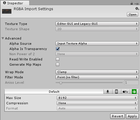 Texture Inspector window - Texture Type:Editor GUI and Legacy GUI
