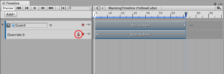 The Avatar Mask icon (red circle) indicates that the Animation track uses an Avatar Mask. Select and activate the Avatar Mask in the Inspector window.