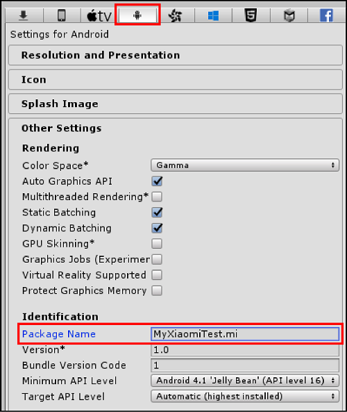 Image 1.2: Setting your app’s package name in the Unity Editor Android settings.