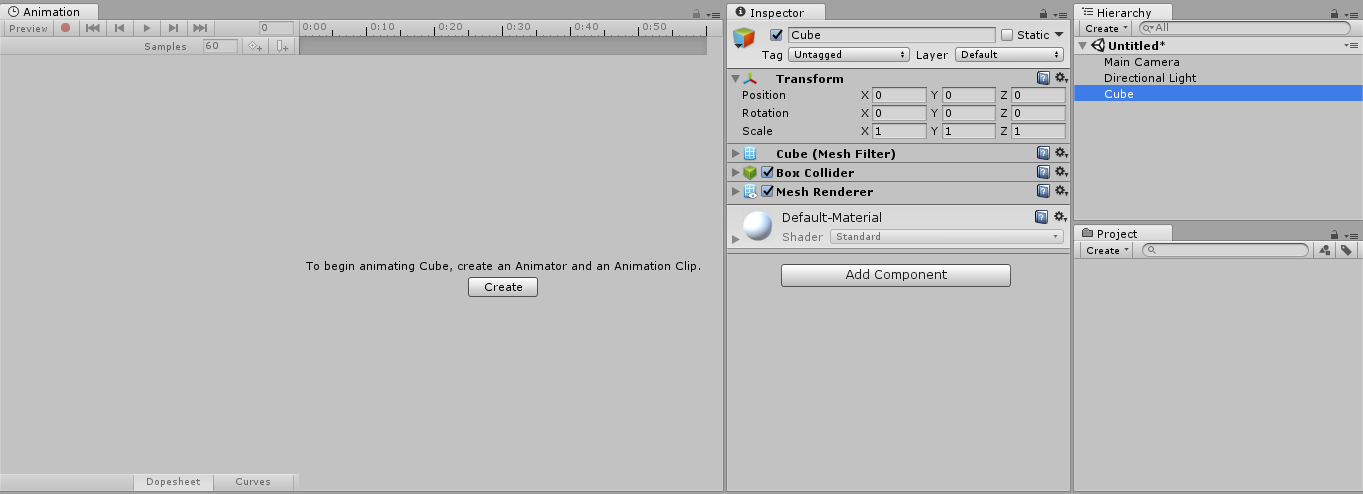 Before: An un-animated gameobject (Cube) is selected. It does not yet have an Animator Component, and no Animator Controller exists.