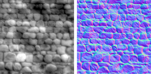 On the left, a height map for bump mapping a stone wall. On the right, a normal map for bump mapping a stone wall.