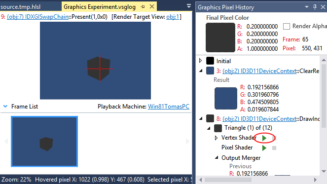 Captured frame, History, and selecting a pixel of an object which has the custom shader assigned.