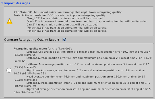 Animation import warning messages