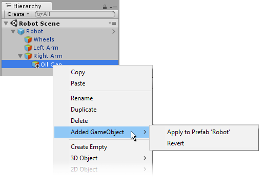 Context menu for added GameObject child