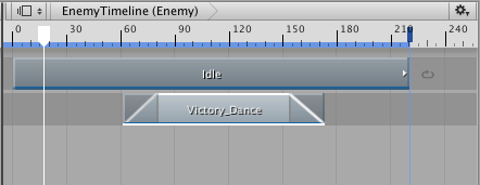 The Animation clip on the first track is a repeated idle cycle where the humanoid GameObject stands still. The Animation clip in the second track eases-in the Victory_Dance motion and ease-out to return back to the idle cycle.