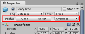 The three Prefab controls in the Inspector window for a Prefab instance