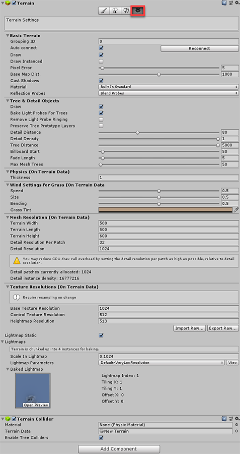 Terrain settings Inspector