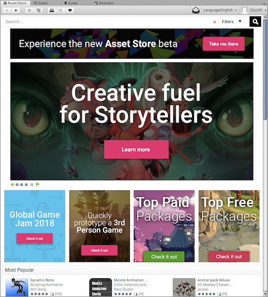 The Asset Store front page.