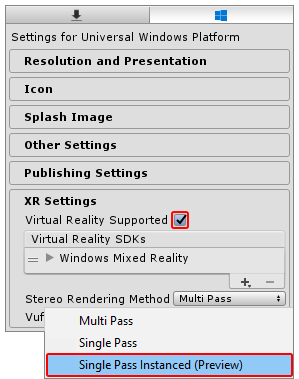 In the XR Settings panel, set the Stereo Rendering Method to Single Pass Instanced (Preview)