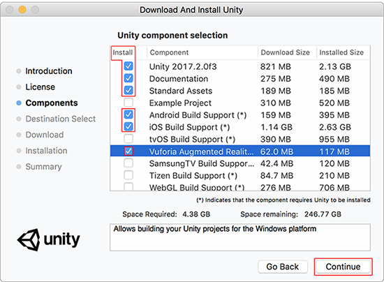 Installing Vuforia Augmented Reality support through Unity Installer