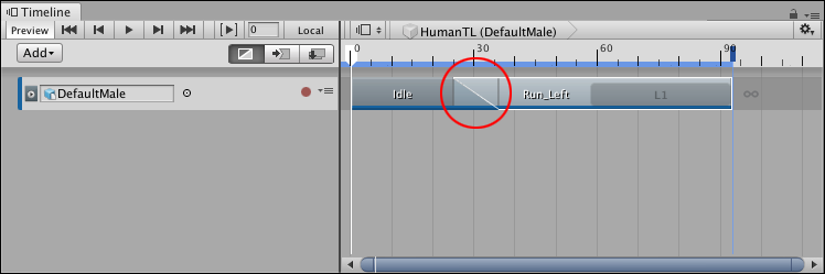 With Mix mode selected, you can create a blend (red circle) between two clips to create a smooth transition between two animations. 
