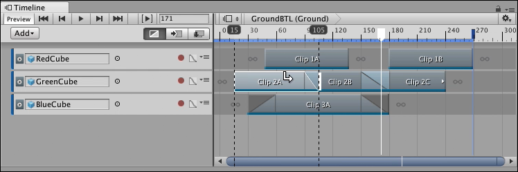 The white arrow cursor indicates that dragging Clip 2A to the right creates a blend, at the end of the clip, between Clip 2A and Clip 2B.