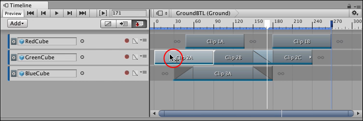 Timeline window with Replace mode as the selected Clip Edit mode. The position cursor (circled) indicates where you drag to position the clip.