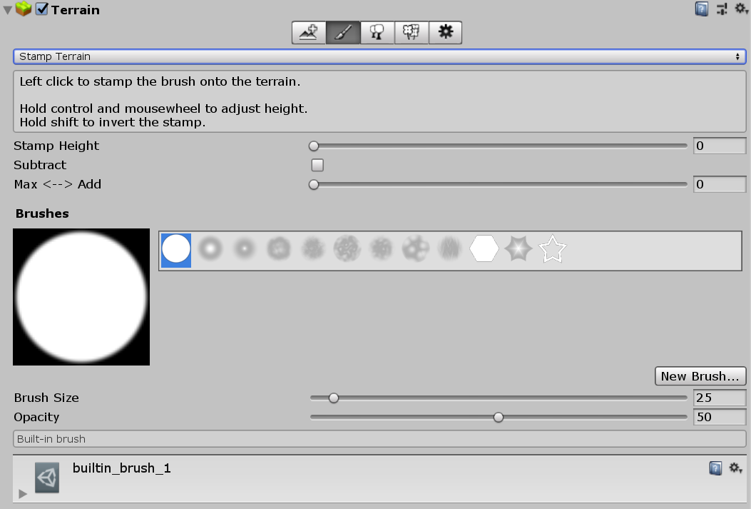 Stamp Terrain tool in the Terrain Inspector