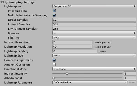 The properties available in the Lightmapping Settings