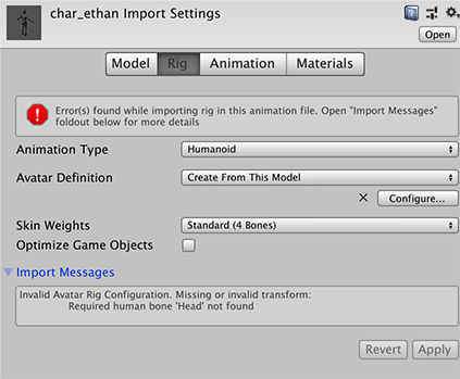 Unity failed to create a valid Avatar