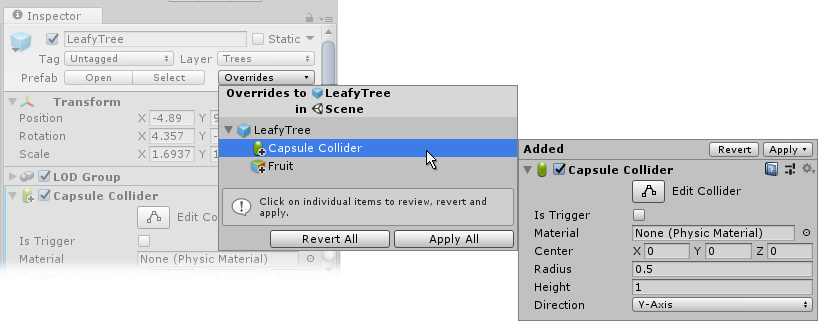 The overrides dropdown window with an added component override selected