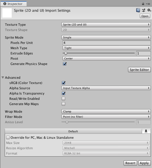 Texture Inspector window - Texture Type:Sprite (2D and UI)