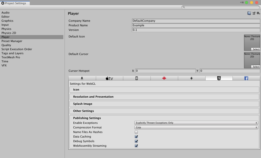 WebGL publishing settings