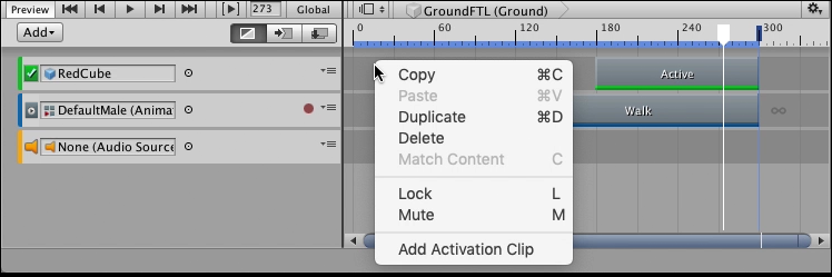 Context menu for adding an Activation clip