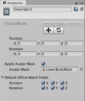 An Avatar Mask, that masks the lower body animation, is specified for the Animation Overview clip in the Inspector window. This allows the upper body animation to pass through.